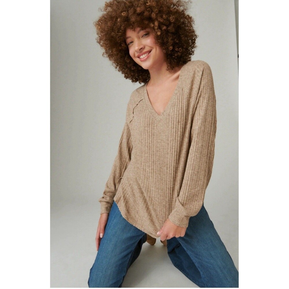 Lucky Brand cloud Jersey ribbed knit v neck top light brown 2X Neutral Relaxed